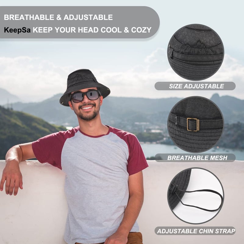 KeepSa Sun Hat for Men, Cotton Embroidery Summer Outdoor Sun Protection Wide Brim Bucket Hat Foldable Safari Boonie Hat Black - Image 2